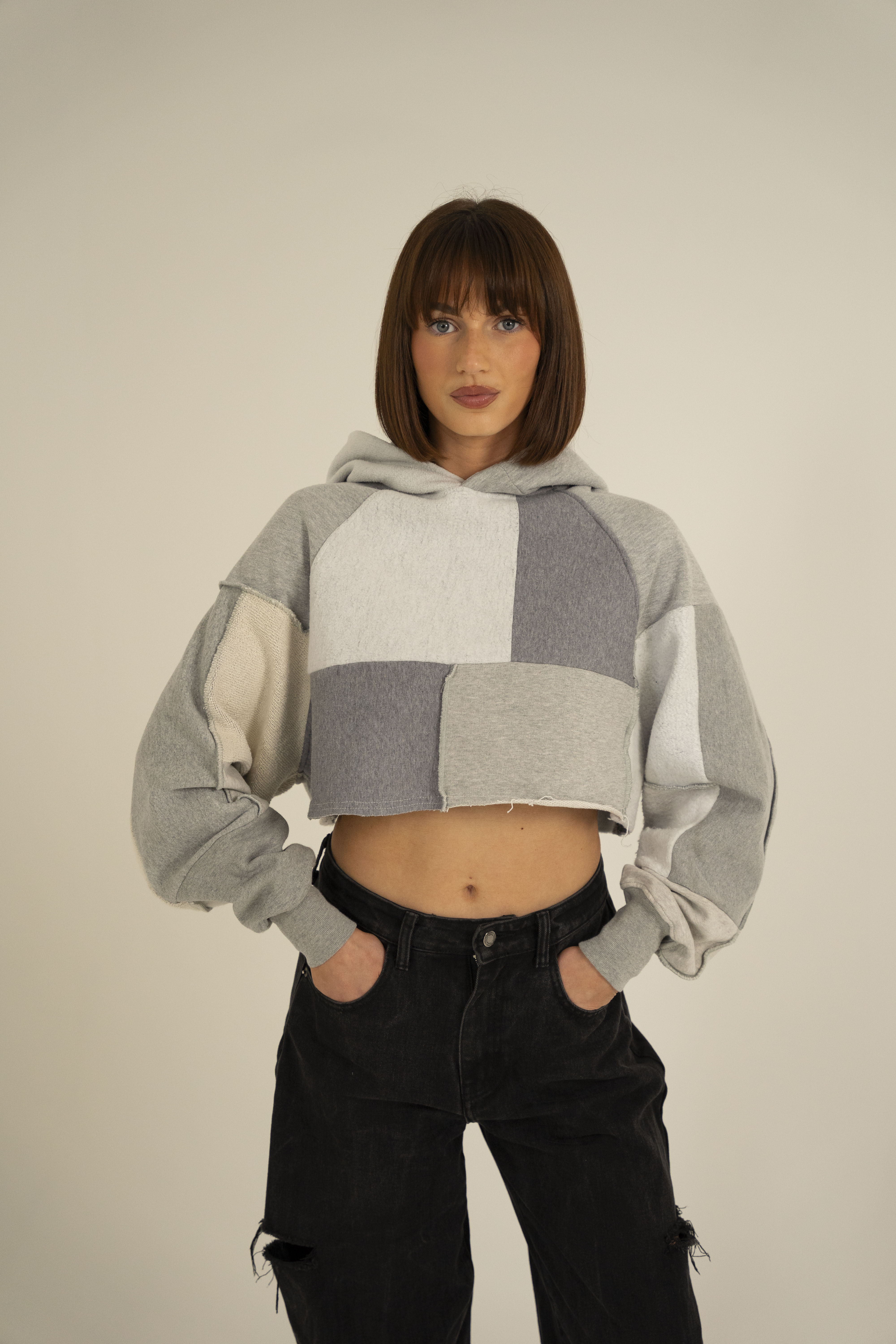 Patchwork Cropped Hoodie Grey/Cream